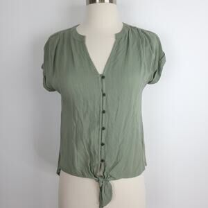Universal Thread Green V-neck Front Tie Button Down Short Sleeve Woven Knit Top